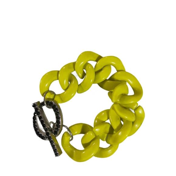 Chartreuse Acrylic Chain Toggle Bracelet with Black Faux Bling Detail 7.5” long - Picture 1 of 3